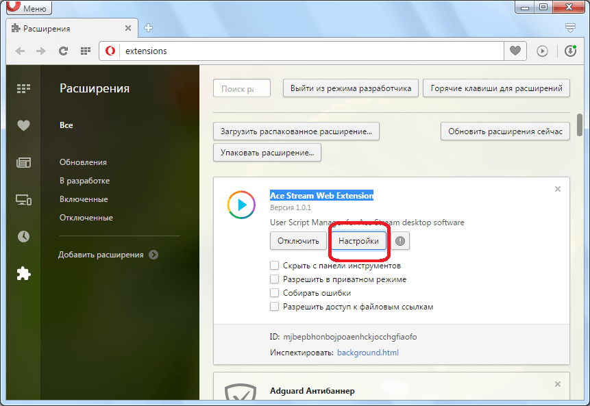Переход в настройки Ace Stream Web Extension для Opera