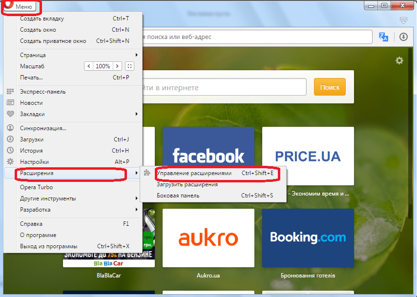 Переход в раздел управления расширениями Opera