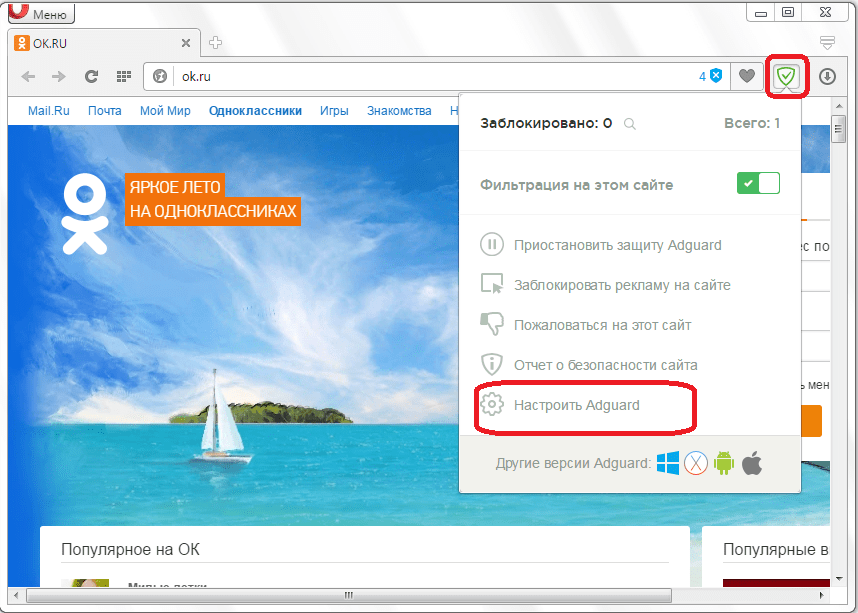 Переход к настройкам Adguard в Opera