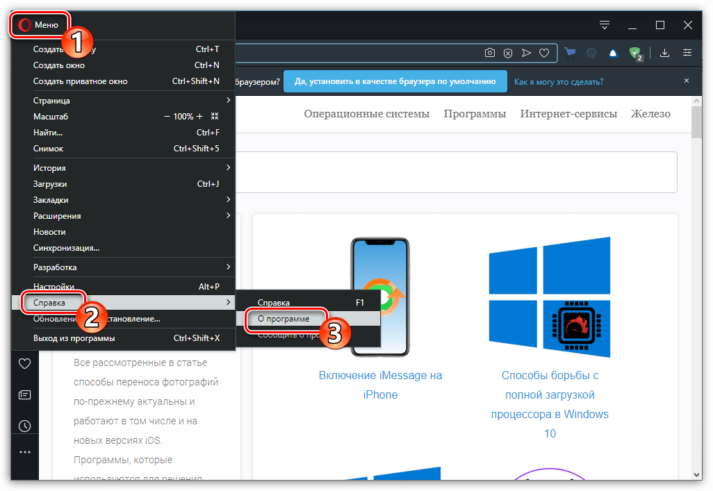 Меню о браузере  Opera
