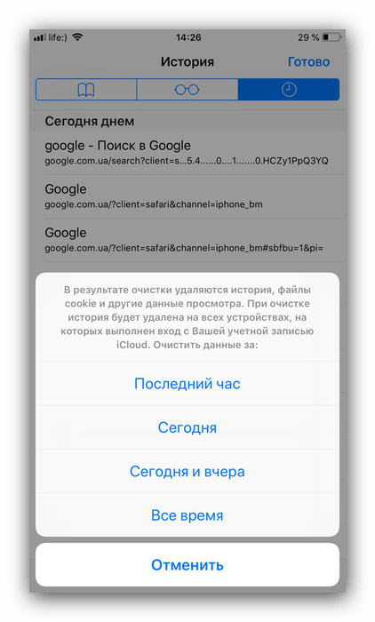 Выбор категории очистки истории Safari на iPhone