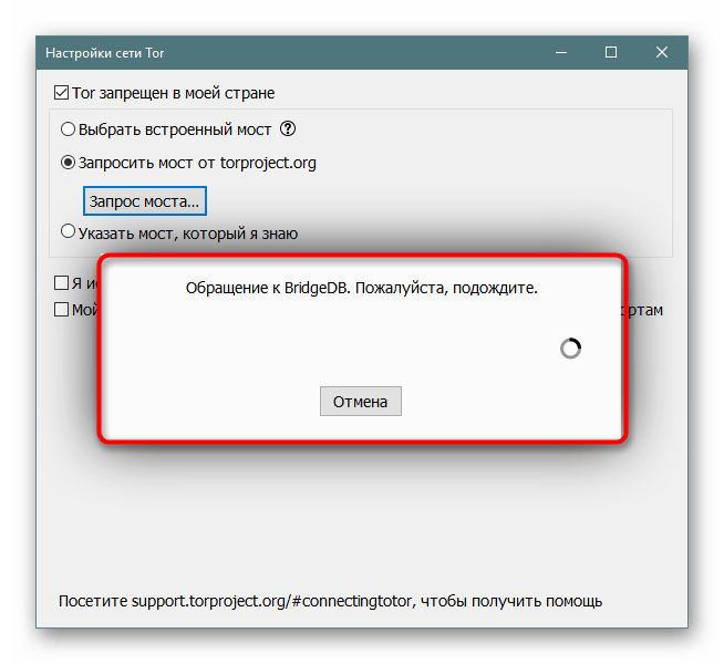 Ожидание получения моста с официального сайта Tor Browser