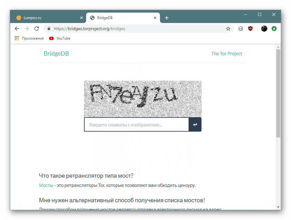 Ввод капчи для ручного получения моста со специального сайта Tor Browser