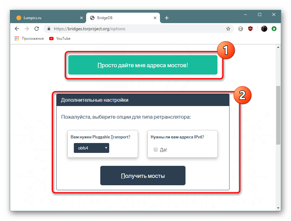 Выбор метода получения мостов на специальном сайте Tor Browser
