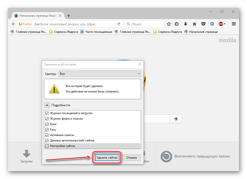 Очистка истории в Mozilla Firefox
