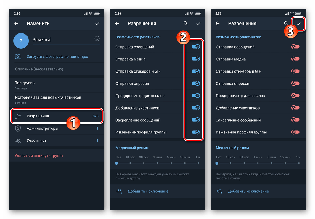 Telegram для Android отзыв всех разрешений Возможности участников в групповом чате мессенджера