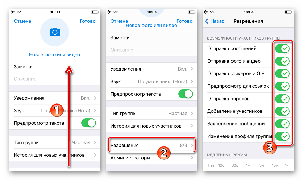 Telegram для iOS открытие Разрешений в Настройках Группы, деаткивация опция Возможности участников