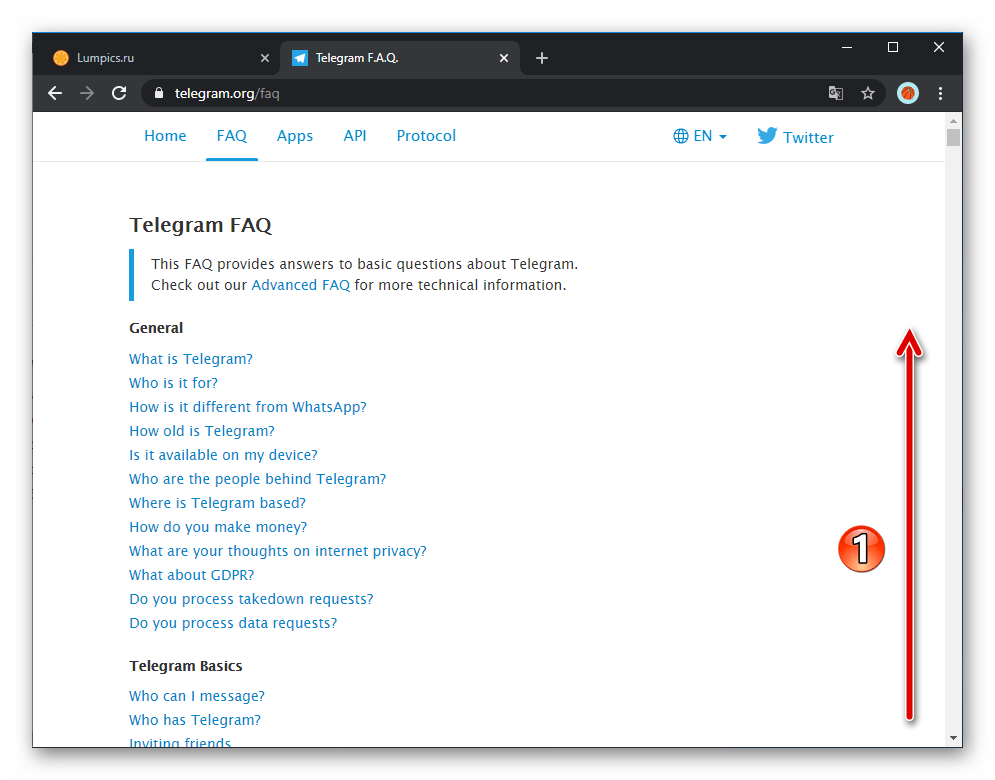 Telegram для Windows веб-страница Вопросы о Телеграм, открытая из мессенджера
