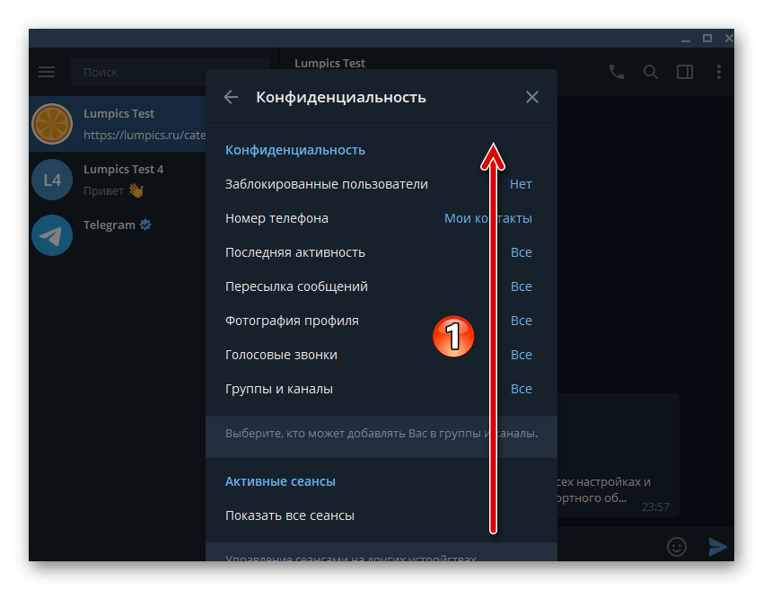 Telegram для Windows перечень опций Конфиденциальность в Настройках мессенджера