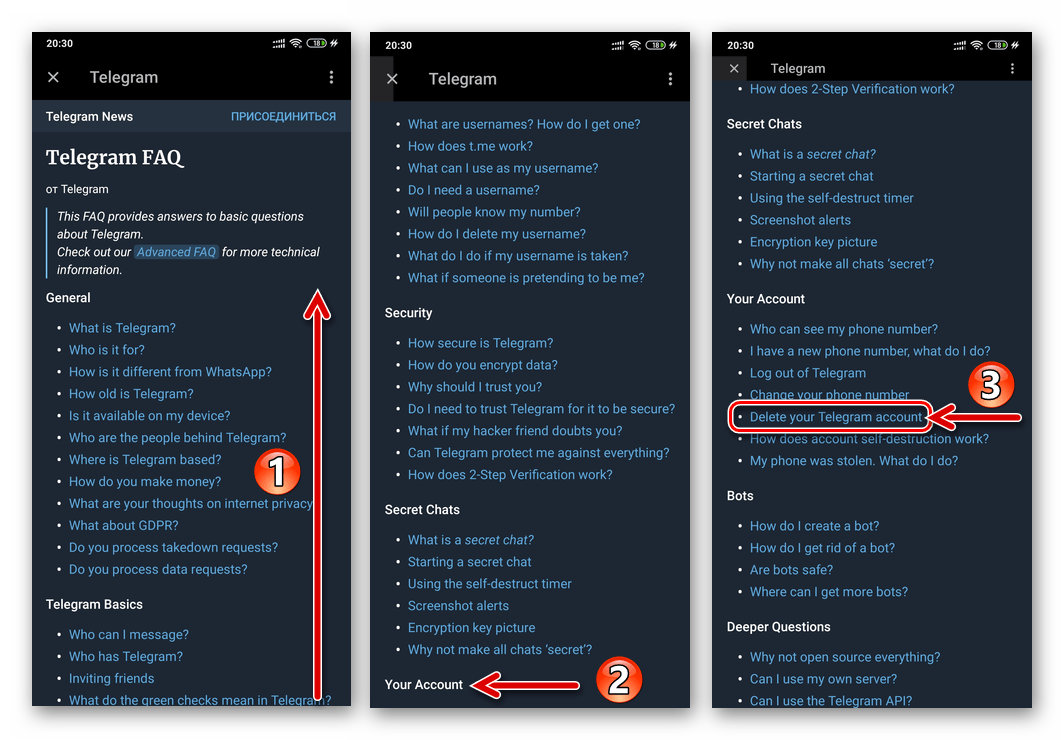 Telegram для Android - FAQ - Раздел Your Account - Delete Your Telegram Account