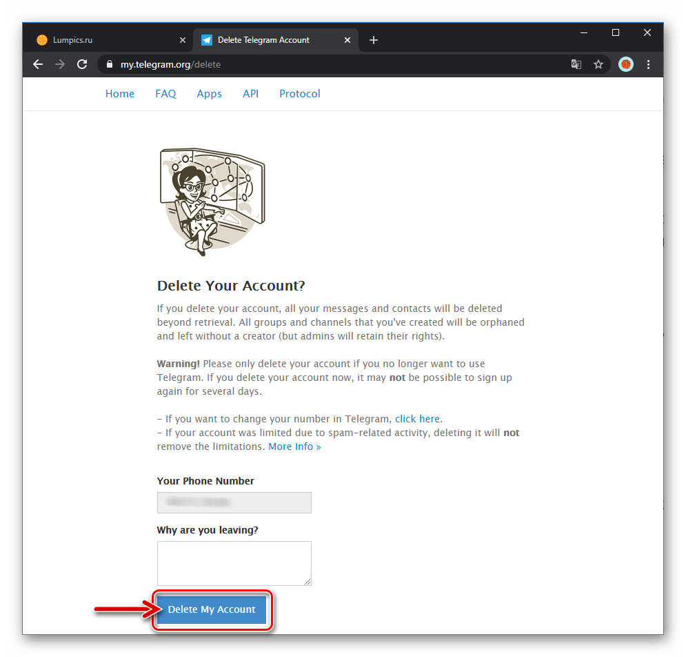 Telegram для Windows кнопка Delete My Account на сайте мессенджера - подтверждение деактивации учетной записи