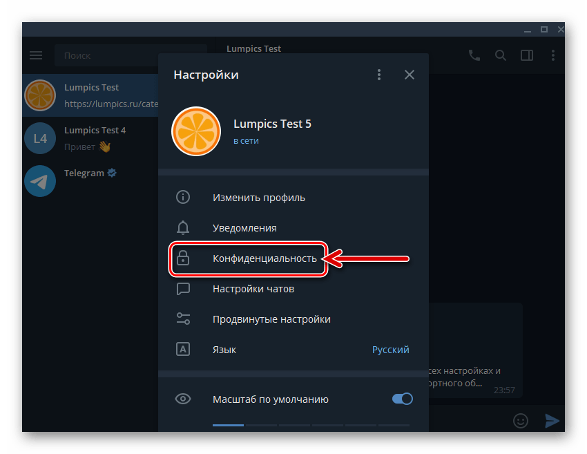 Telegram для Windows раздел Конфиденциальность в Настройках мессенджера