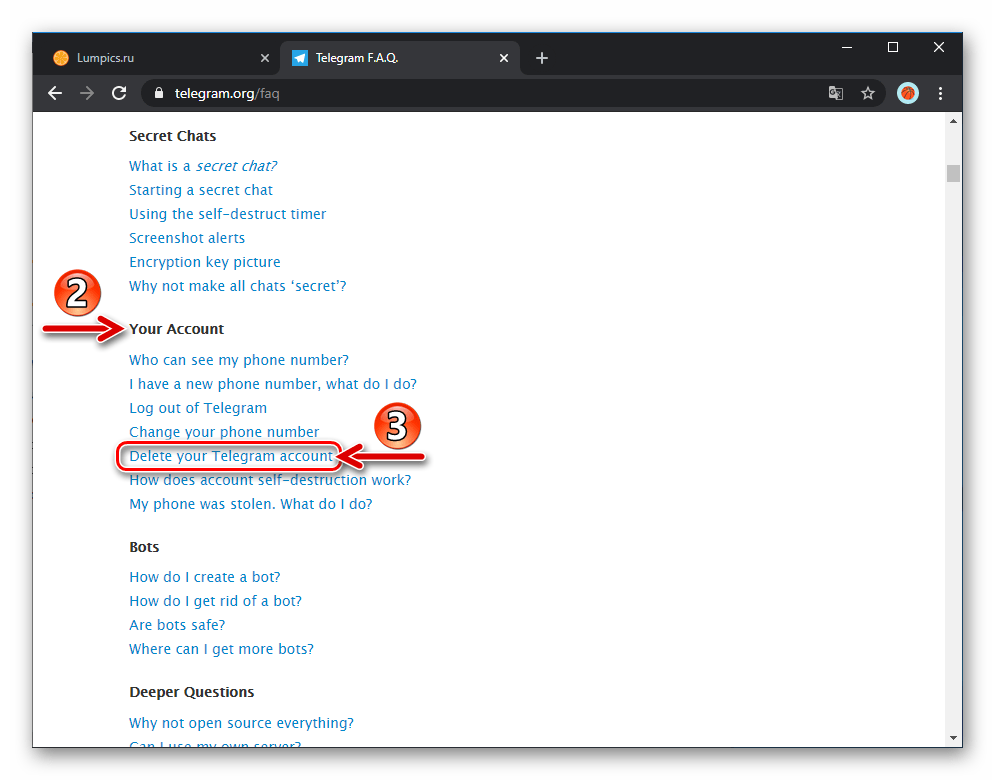 Telegram пункт Delete your Telegram account на веб странице FAQ мессенджера в разделе Your Account