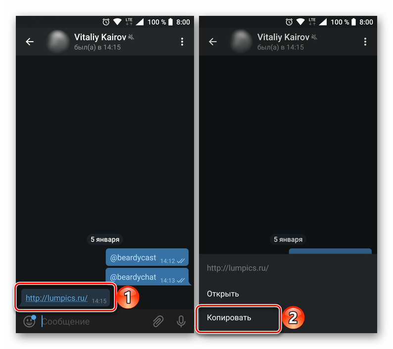 Копирование полученной ссылки из чата в мессенджере Telegram для Android