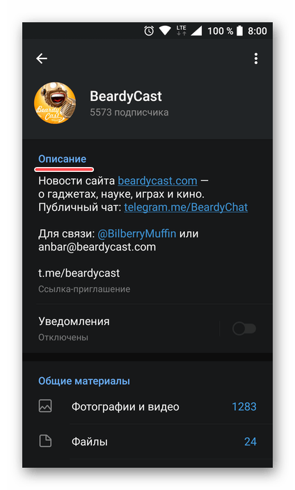 Блок с описанием о профиле в мессенджере Telegram для Android