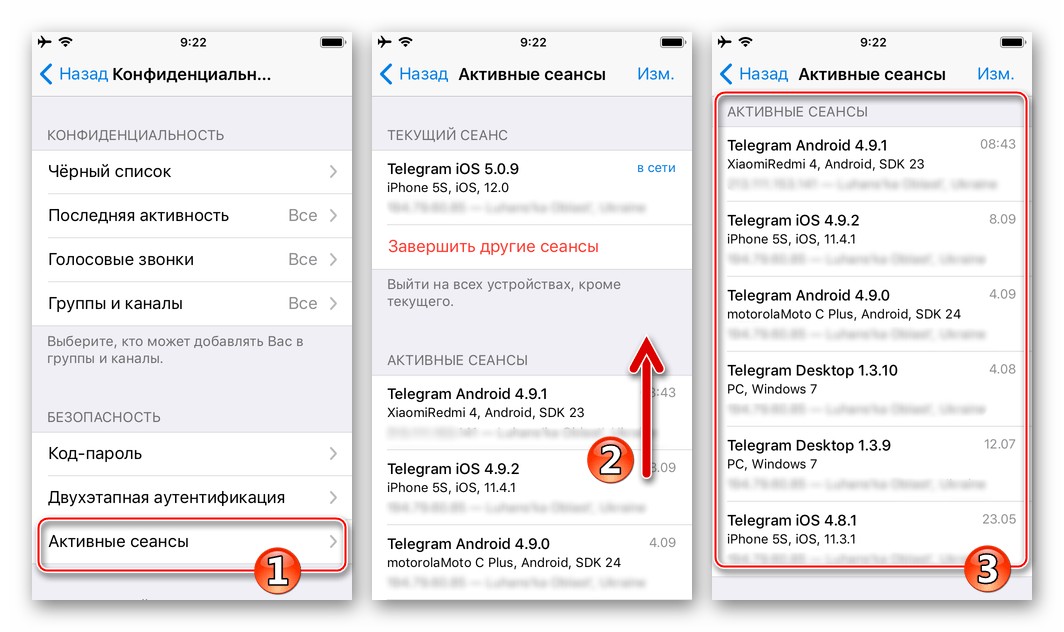 Telegram Для iPhone Конфиденциальность - Активные сеансы для выхода на других устройствах