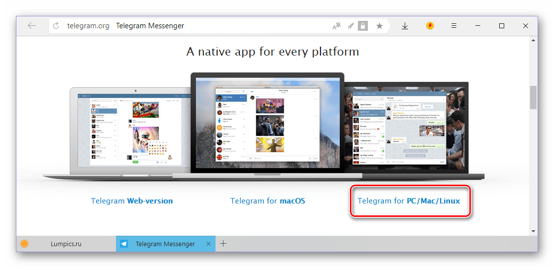 Выбор версии для компьютера с Windows на официальном сайте Telegram