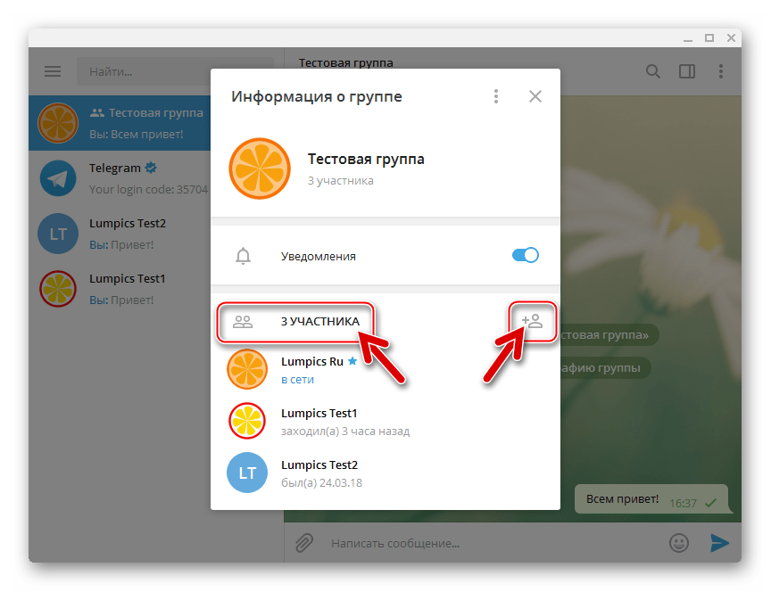 Telegram для PC Windows приглашение и удаление участников в окне Информация о группе
