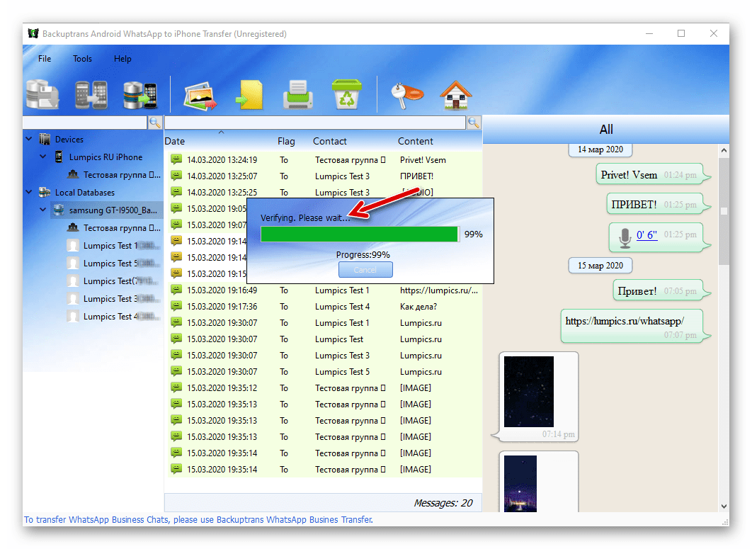 Backuptrans WhatsApp Transfer верификация данных перед переносом данных мессенджера в iPhone