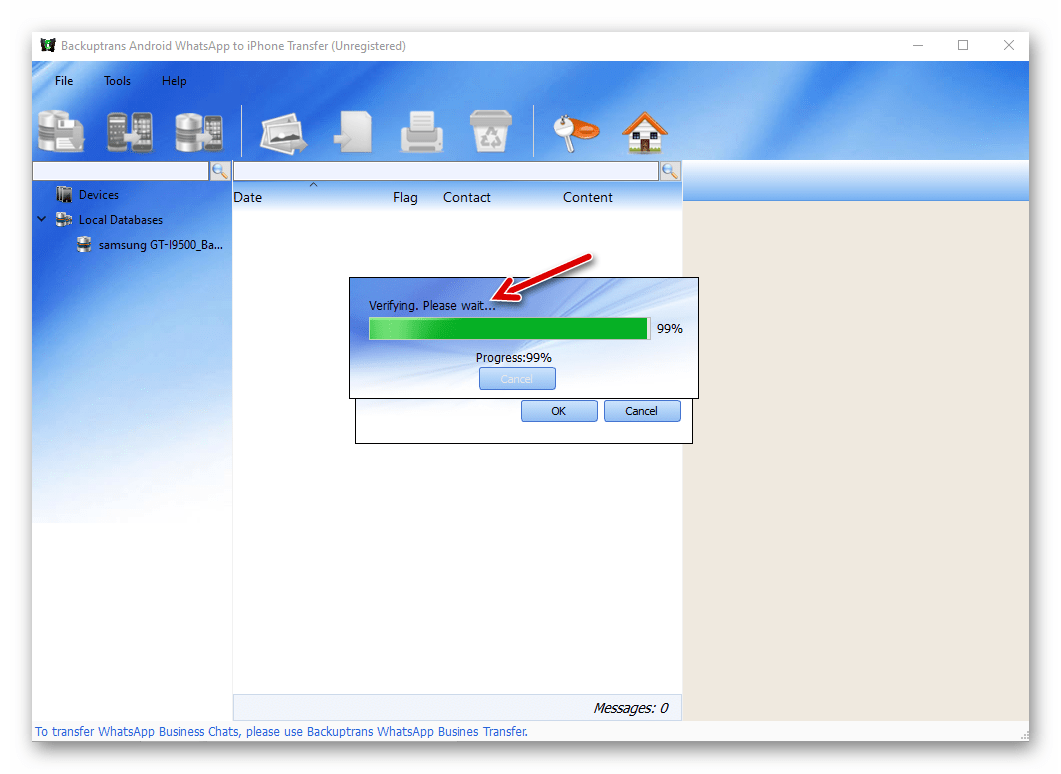 Backuptrans WhatsApp Transfer процесс верификации данных на iPhone