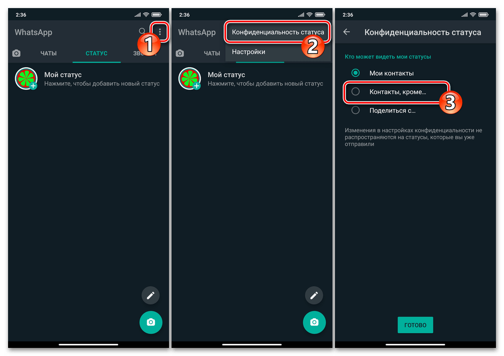 WhatsApp для Android - вкладка Статус в мессенджере, вызов меню, Конфиденциальность статуса