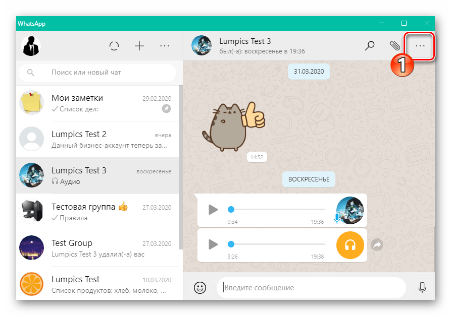 WhatsApp для Windows вызов меню чата