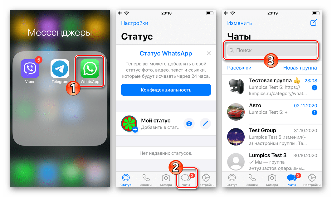 WhatsApp для iPhone запуск мессенджера, переход в раздел Чаты - поле Поиск