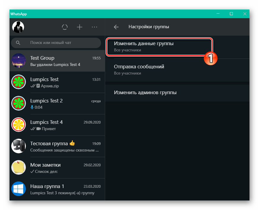 WhatsApp для Windows параметр Изменить данные группы в настройках группового чата