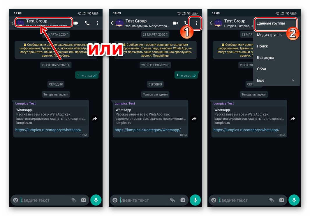 WhatsApp для Android - открытие экрана Данные группы для администрируемого чата