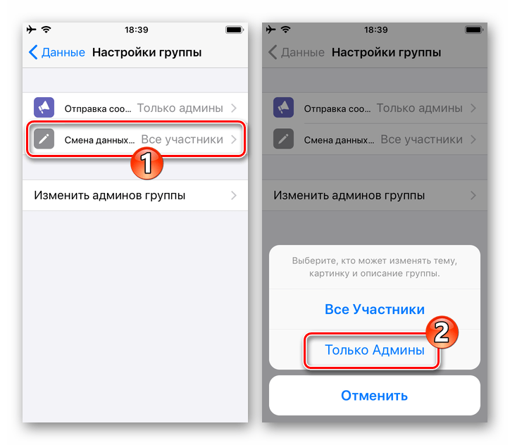 WhatsApp для iOS - установка запрета на смену данных группы ее обычными участниками