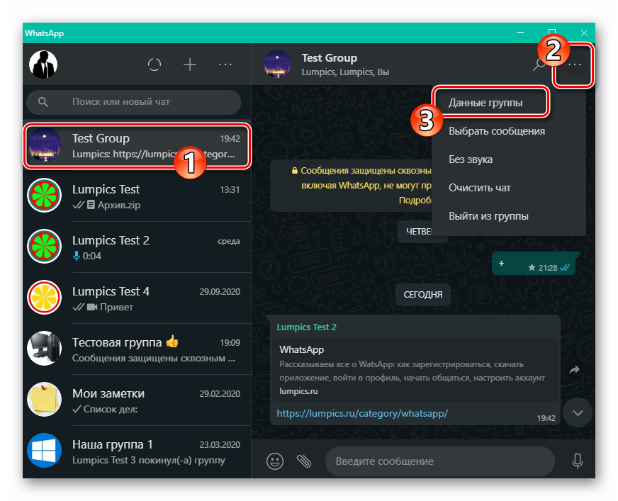 WhatsApp для Windows открытие группового чата, вызов окна Данные группы