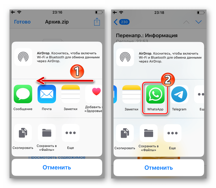 WhatsApp для iPhone - мессенджер в панели доступных для отправки информации из email программ