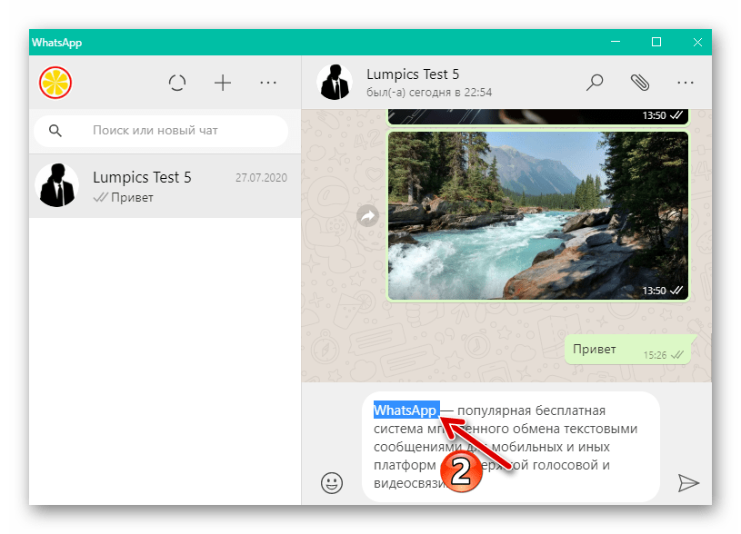 WhatsApp для Windows выделенное слово в тексте подготавливаемого к отправке через мессенджер послания