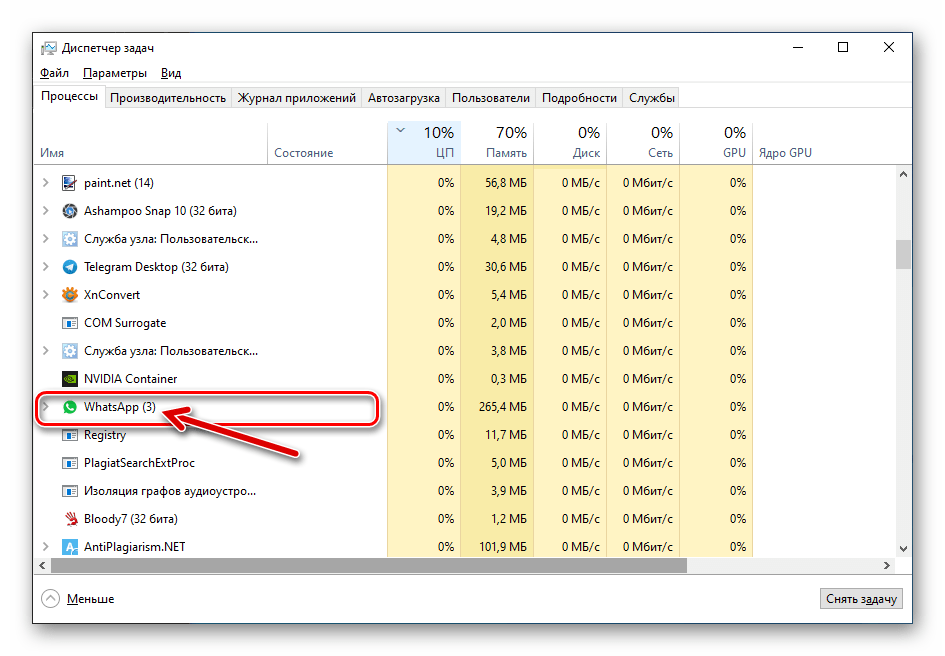 WhatsApp для Windows процесс мессенджера в Диспетчере задач ОС