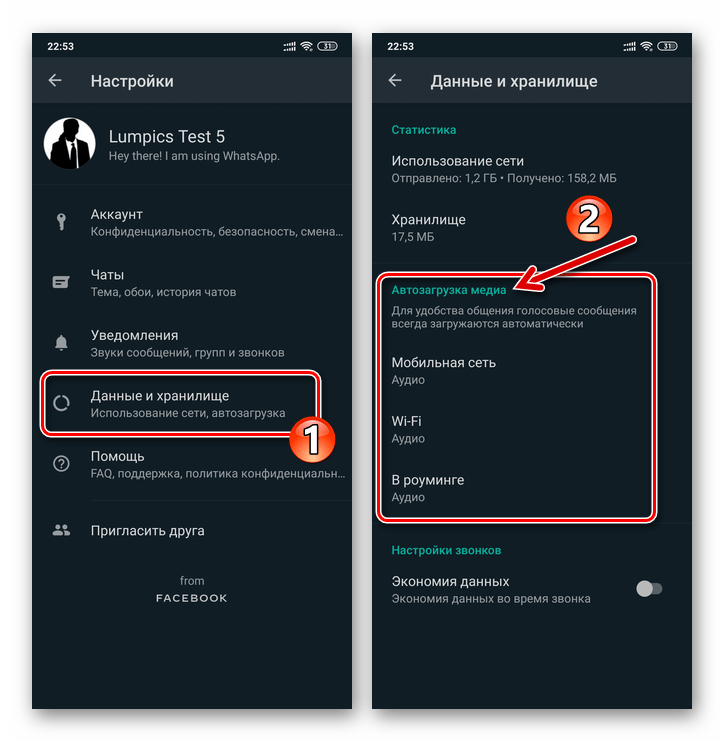 WhatsApp для Android - Раздел Данные и хранилище в Настройках мессенджера, категория Автозагрузка медиа