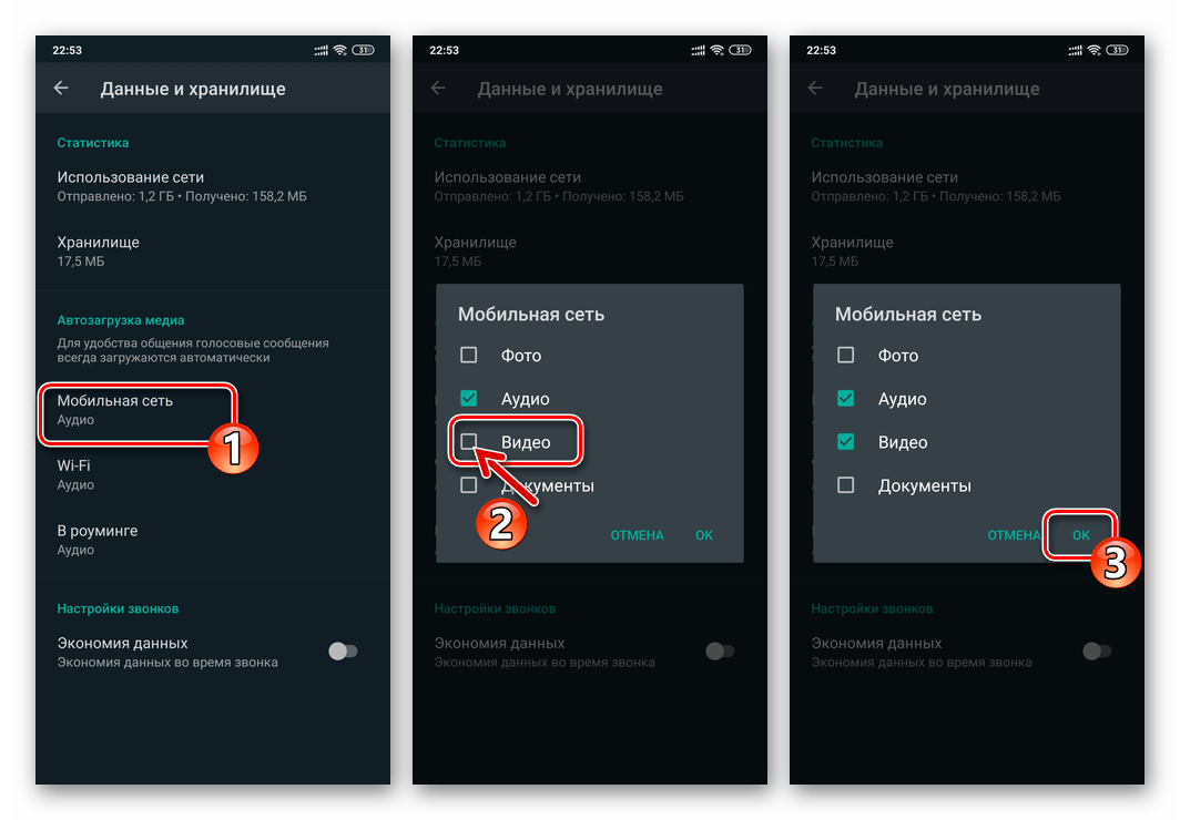 WhatsApp для Android - включение автозагрузки видео из мессенджера из мобильных сетей передачи данных