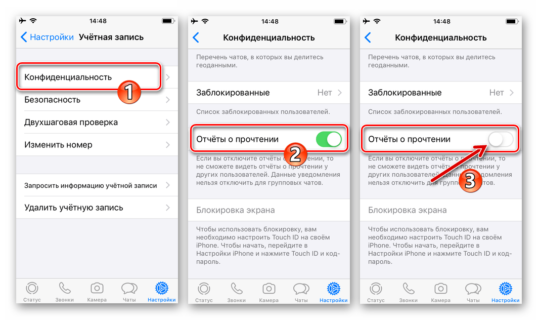 WhatsApp для iPhone отключение отправки собеседникам отчетов о прочтении сообщений в мессенджере