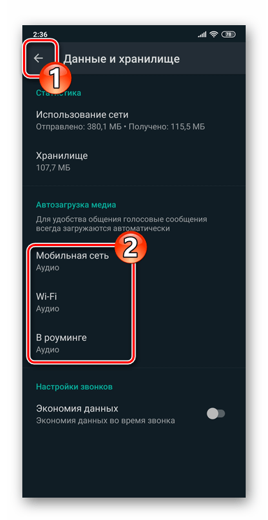 WhatsApp для Android - выход из Настроек мессенджера после активации автозагрузки аудиофайлов