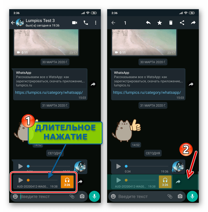 WhatsApp для Android - выделение сообщения-звукозаписи в чате мессенджера