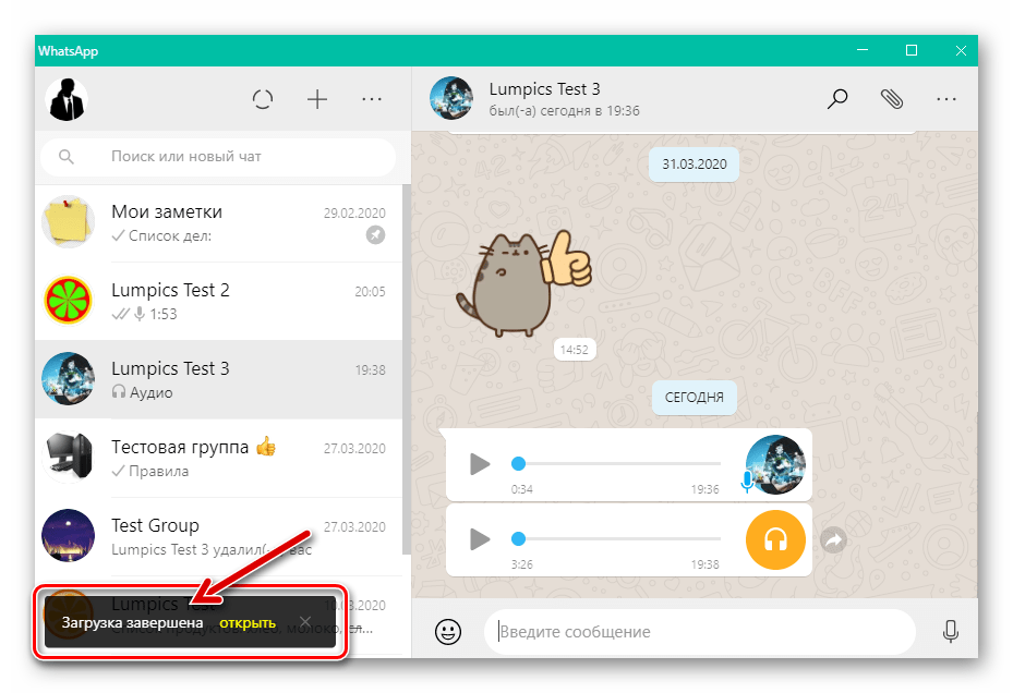 WhatsApp для Windows загрузка аудиозаписи из чата в мессенджере на диск ПК завершена