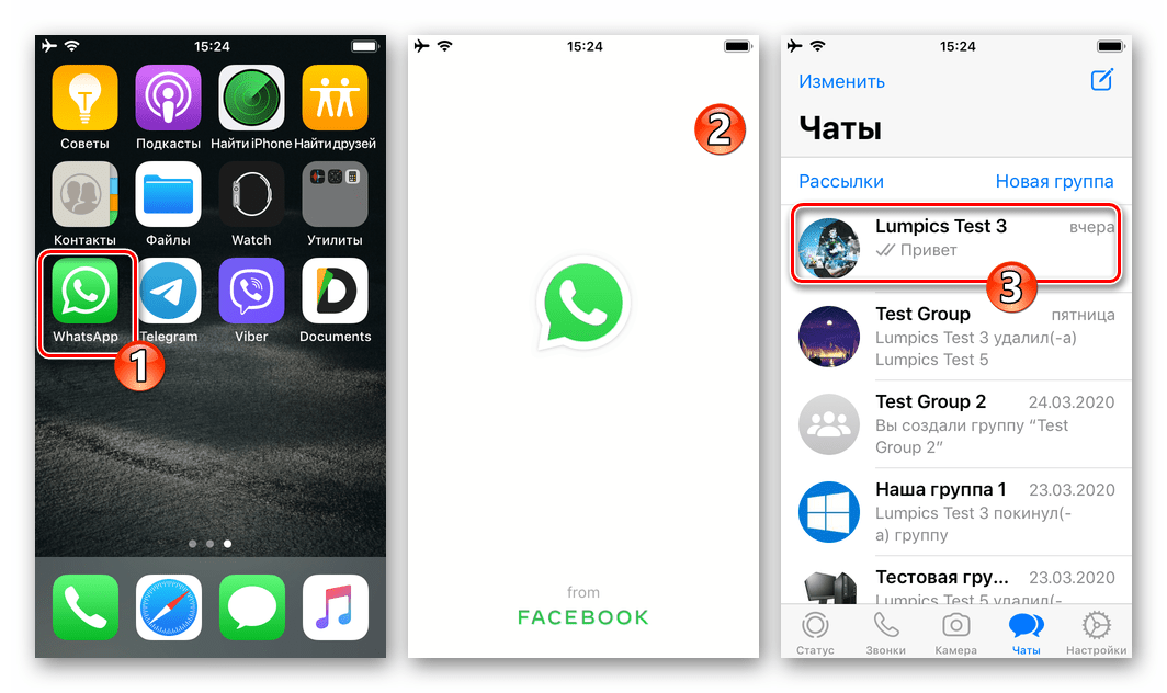 WhatsApp для iPhone запуск программы, переход в персональный или групповой чат