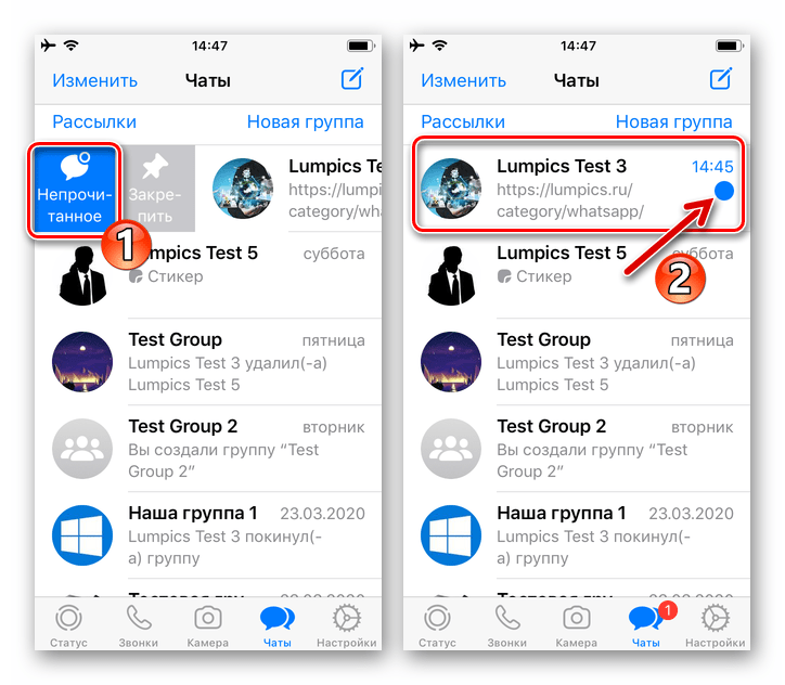 WhatsApp для iOS отметка Непрочитанное в области с заголовком диалога или группы на вкладке Чаты мессенджера