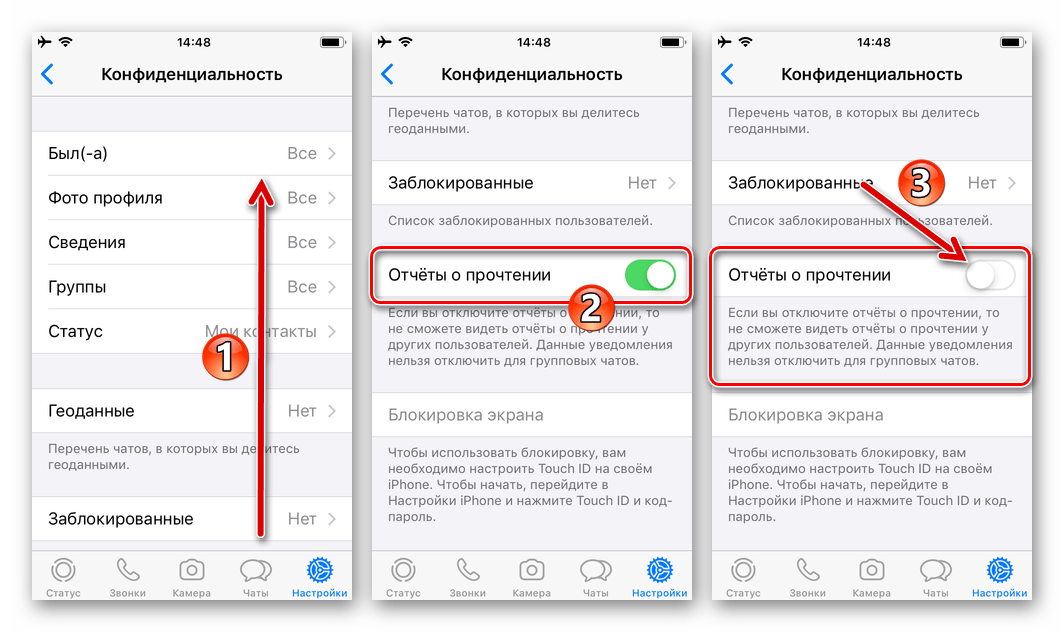 WhatsApp для iPhone отключение отправки отчетов о прочтении сообщений в Настройках мессенджера