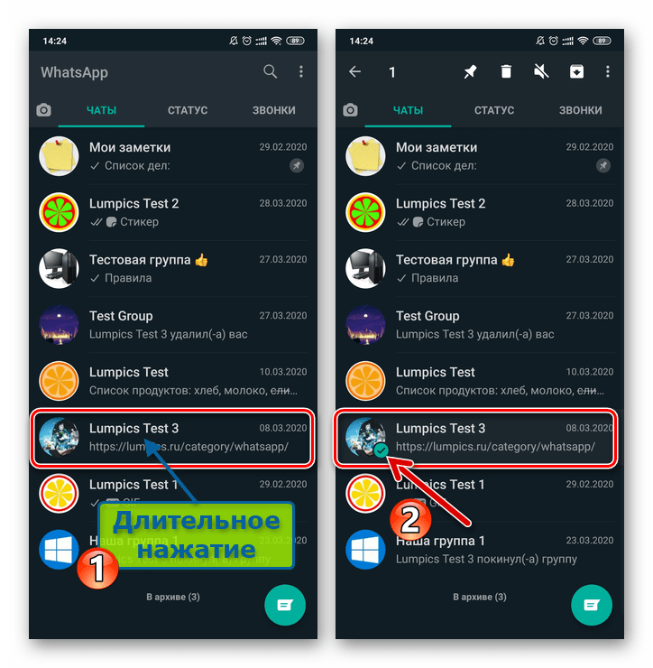 WhatsApp для Android выделение заголовка диалога или группы на вкладке Чаты мессенджера