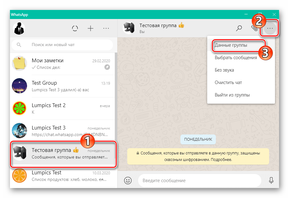 WhatsApp для Windows переход в настройки группового чата - Данные группы