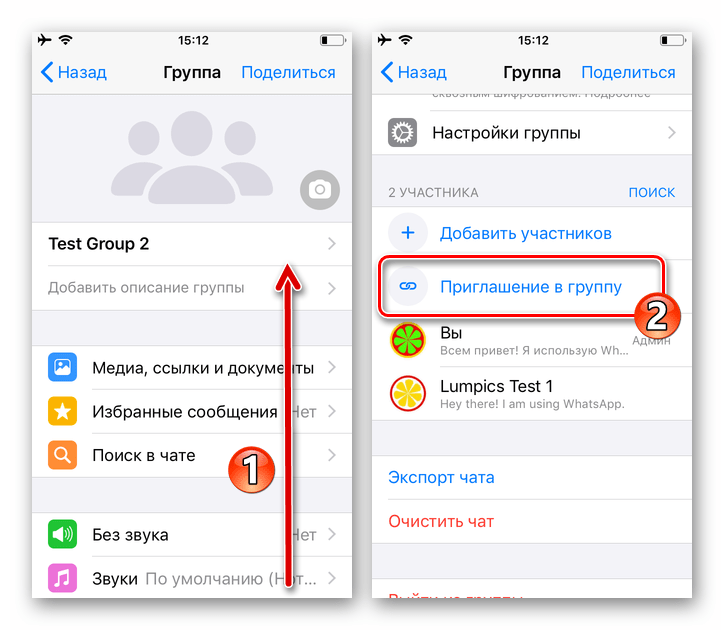 WhatsApp для iOS - функция Приглашение в группу (по ссылке) на экране Данные группы