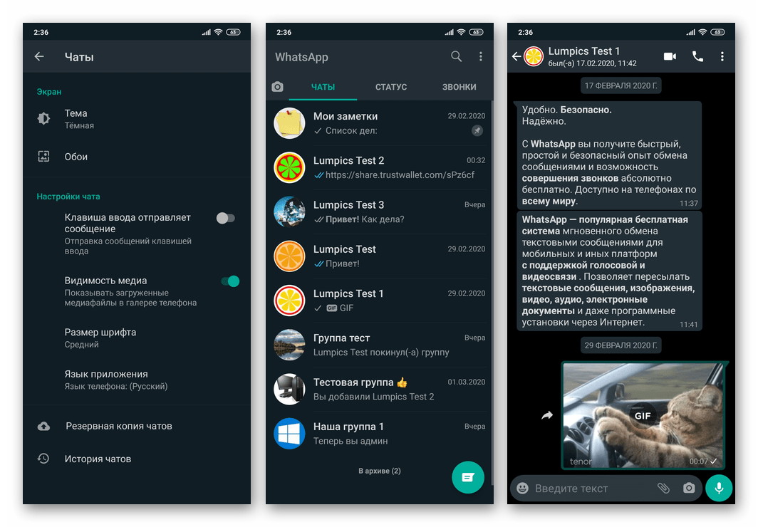 WhatsApp для Android - эффект от применения тёмной темы в мессенджере