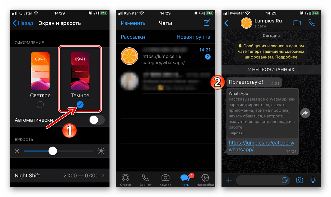 WhatsApp для iPhone - активация тёмной темы в мессенджере
