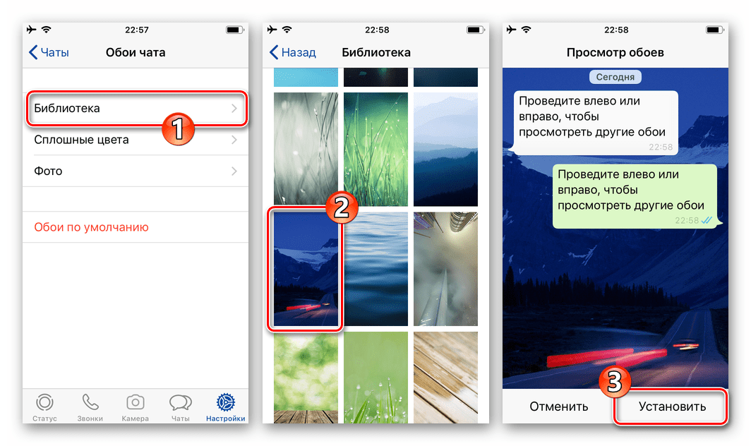 WhatsApp для iPhone - выбор фонового изображения для всех чатов в Библиотеке мессенджера