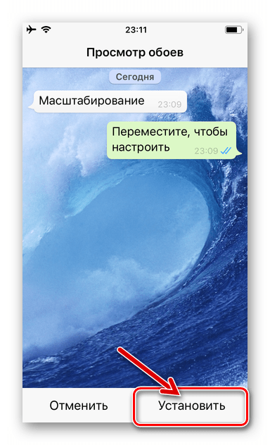 WhatsApp для iPhone - подтверждение установки фотографии из памяти девайса в качестве фона чатов